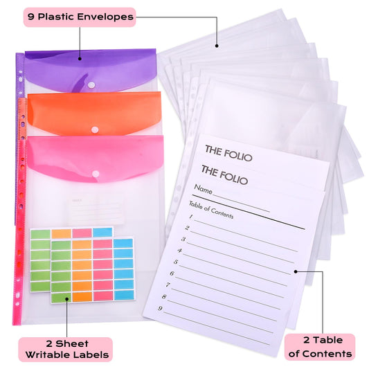 XKDOUS Important Document Organizer Folio Folders with 9 Pockets 3 Ring Linen Binder Organizer Expanding Storage Documents Holder with 9 Pockets and Labels for Papers, Files