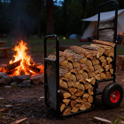 Doublehorse Firewood Cart with Pneumatic Wheel: 27 x 20 x 44 in Large Heavy Duty Metal Waterproof Portable Storage Rack - for Outdoor Camping Backyard Fireplace Indoor Use for Women Men
