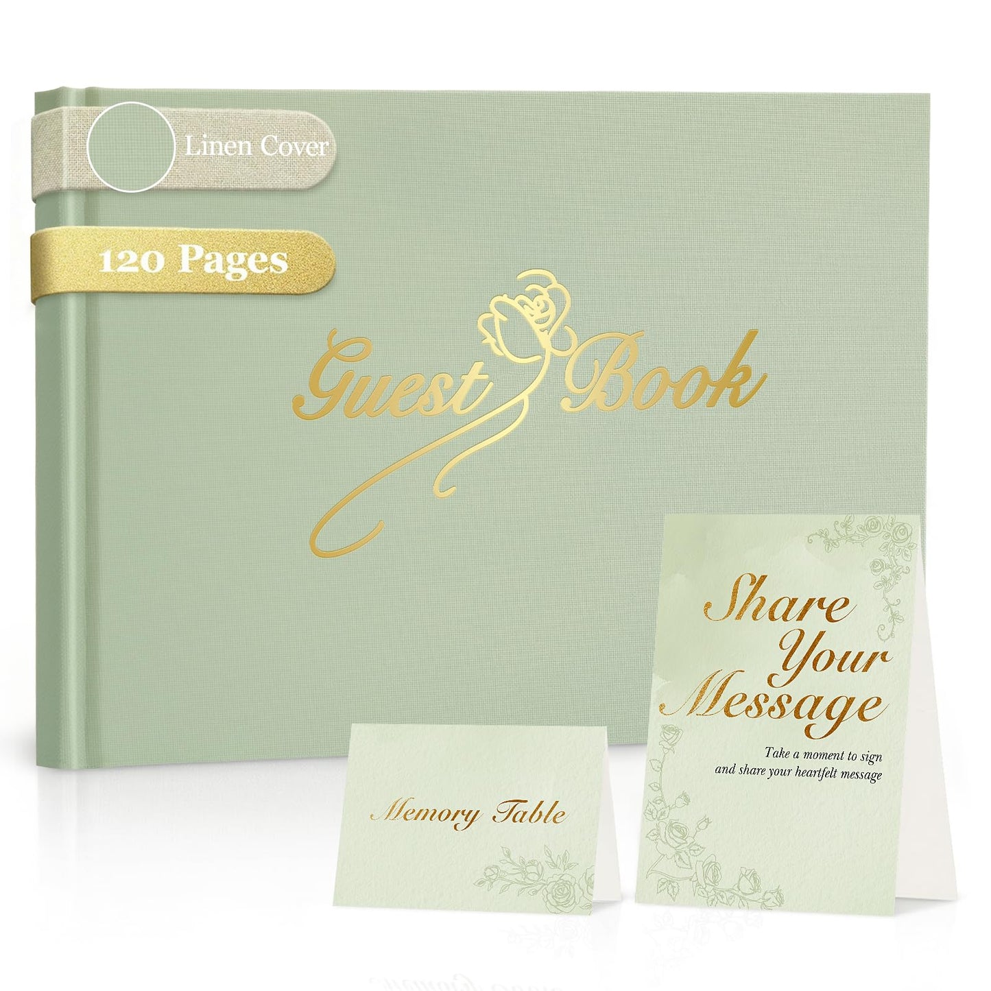 Guest Book for All Occasions – Sage Green Linen Hardcover with Gold Foil, 120 Acid-Free Blank Pages, Includes Table Sign & Welcome Card | 8.66x6.69" Sign-In Book for Wedding, Garden Party & More