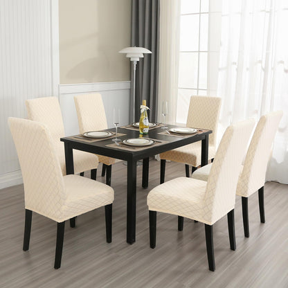 MOSAYT 100% Waterproof Dining Room Chair Covers Set of 6, Super Fit Stretch Jacquard Parson Chairs Slipcovers Removable Washable Chair Seat Protectors for Home, Kitchen, Banquet (Beige)