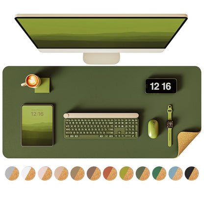 YSAGi Double-Sided Desk Pad, 31.5"x15.7"Leather Desk Mat, Eco Cork Desk Pad Protector,Large Mouse Pad,Waterproof Desk Blotter for Office/Home(Olive Green)