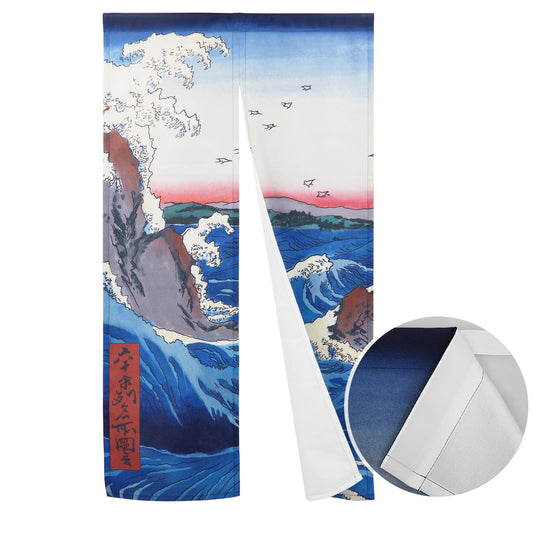 Japanese Doorway Curtain Noren Great Wave Off Kanafawa Artistic Painting Noren Doorway Curtain Tapestry for Wall Hanging Home Decor Size 33.5"x 59" With Velcro double-sided tape (Style A)