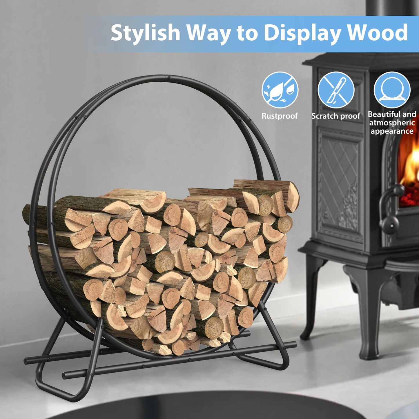 VAMFUTRE 48 Inch Metal Pipe Firewood Rack Circle - Black Steel Log Holder for Indoor and Outdoor Use,Firewood Storage Organizer for Fireplace, Patio, or Backyard (4 FT Diameter Rack)