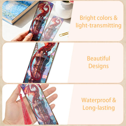 Zaamwoyy 4 Pcs Stained Glass Dragon Bookmarks Gifts for Women Men, Transparent PVC Bookmark with Tassels, Cool Book Lovers Accessories, Unique Reading Book Marks for Bookish Office School