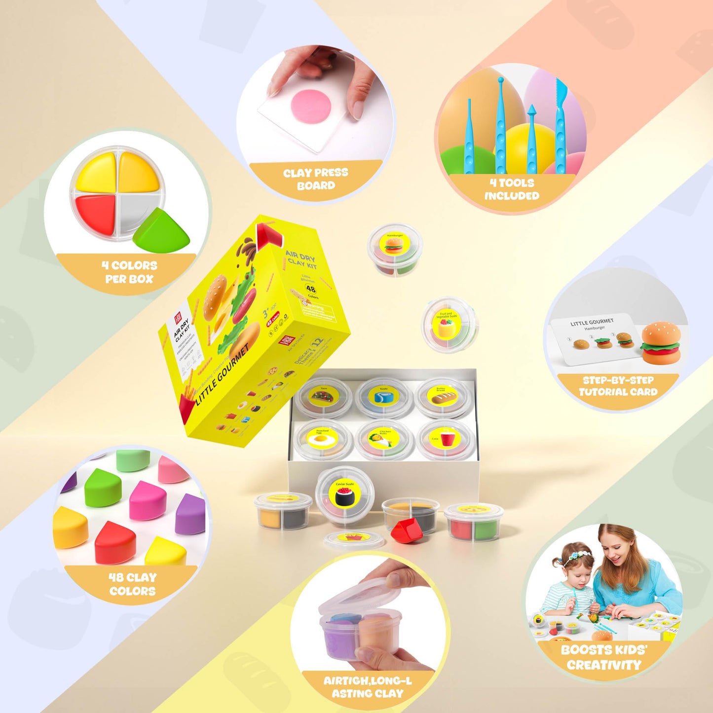 Air Dry Clay Kit - Modeling Clay for Kids mit Sculpting Tools und Tutorial, Ultra Light & Soft, Safe & Non-Toxic, DIY Model Magic Clay 12 Cans 48 Colors, Creative Art Crafts Toys Gifts for Girls Boys