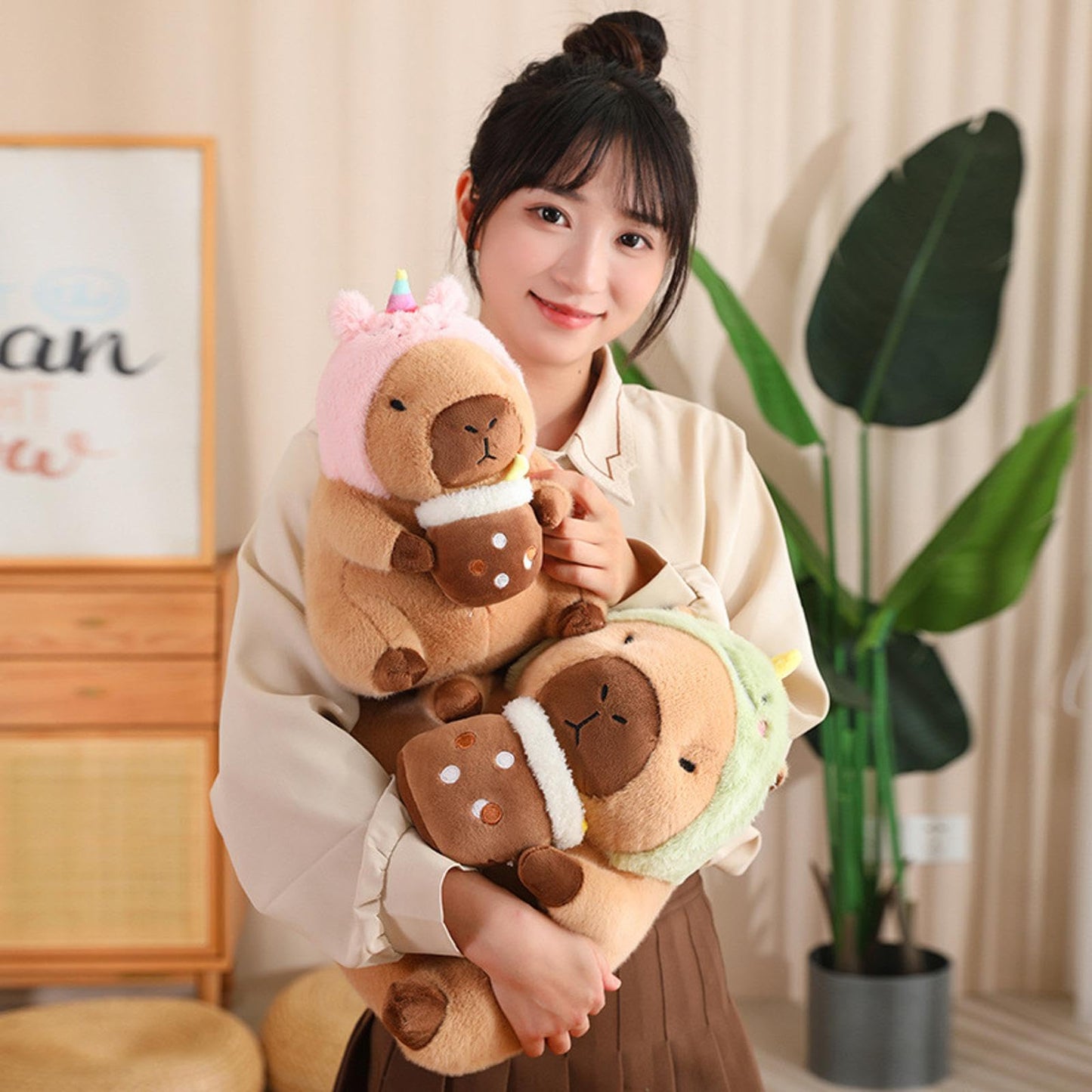 Karoeiwa Dinosaur Capybara Plush Drinking Milk Tea 11 inch Cute Dino Capibara Stuffed Animal Ultra Soft Plushies Toys Kawaii Gifts for Kids Brown