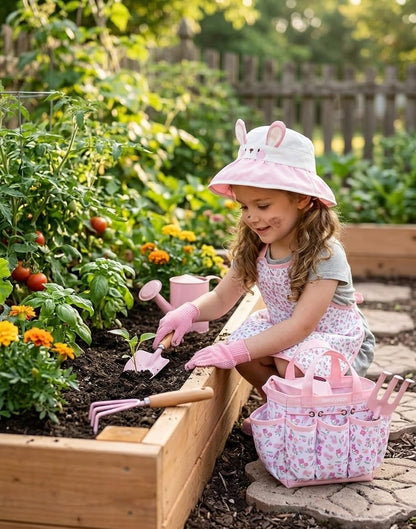 Seedypop Kids Gardening Tool Set Toys - 8 Pieces Quality Garden Kit for Toddlers & Kids with Shovels, Rake, Watering Can, Hat, Apron, Gloves & Storage Bag (Pink Flower)