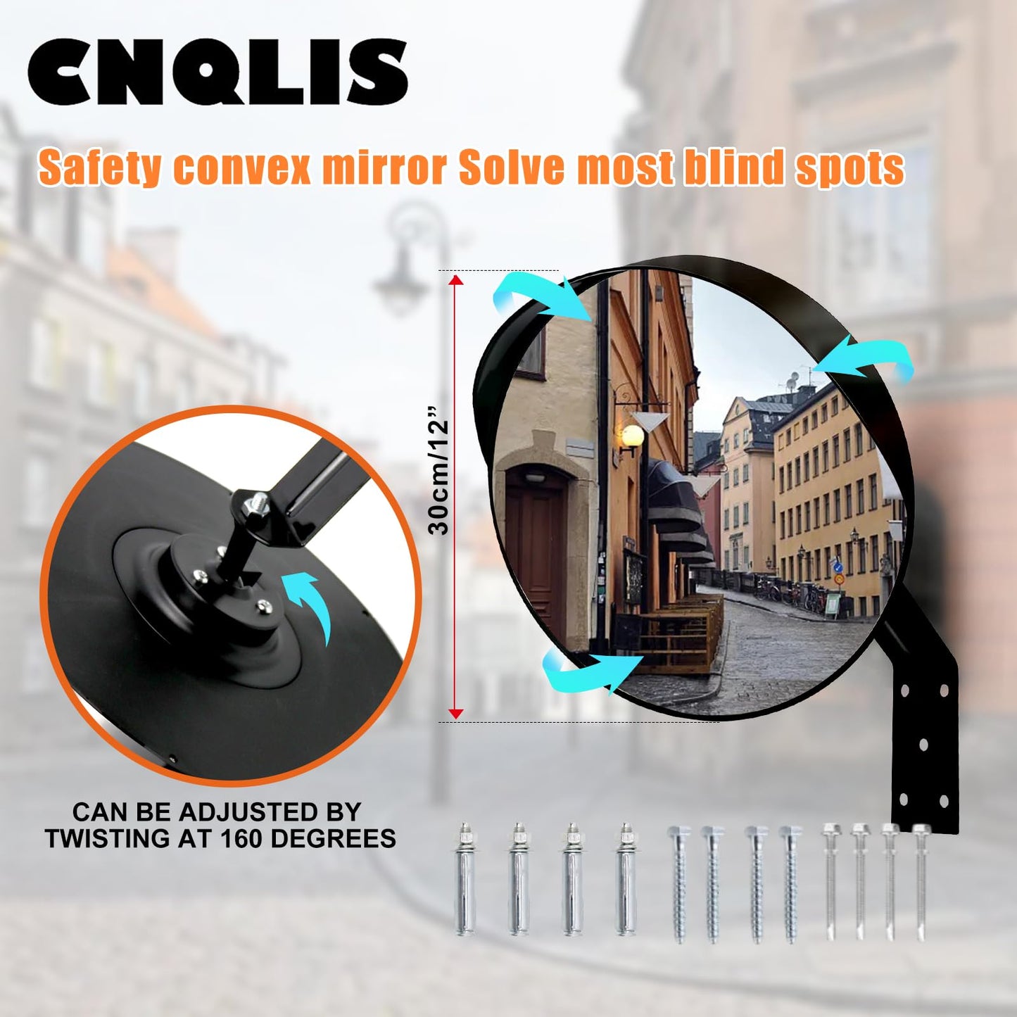 CNQLIS 12 Inch Convex Mirror Outdoor with Adjustable Wall Fixing Bracket,Blindspot Traffic Mirror for Driveway Garage Park Outdoor Wide Angle View Mirrors