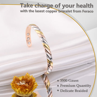 Feraco Copper Magnetic Bracelet for Women, Fashionable Braided Cuff Bangle with 3500 Gauss Magnets, 99.99% Pure Copper Jewelry Gifts