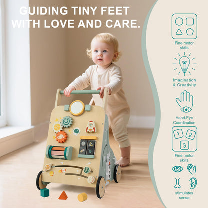 MILEFUN Adjustable Wooden Baby Walker – Montessori Push Toy for 1 Year Old with Rocket-Themed Activity Center, Sit-to-Stand Walker Gift for Boys and Girls