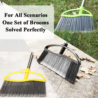 Chanhoo 3 Pack Wide Heavy Duty Angle Broom - Stiff Bristle Outdoor Brooms for Sweeping Patio, Garden, Garage, Yard (Black, Yellow, Green)