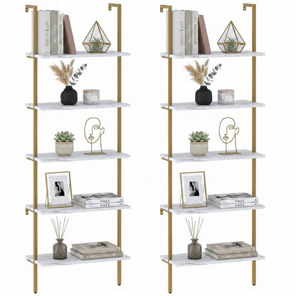 aboxoo Ladder Shelf 2PCS White Marble Bookshelf 5-Tier Wall-Mounted Wood Rack Open Industrial Modern Plant Flower Stand Utility Organizer Bookcase Metal Frame Furniture Office Kitchen Bedroom