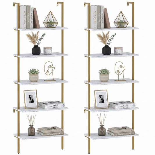 aboxoo Ladder Shelf 2PCS White Marble Bookshelf 5-Tier Wall-Mounted Wood Rack Open Industrial Modern Plant Flower Stand Utility Organizer Bookcase Metal Frame Furniture Office Kitchen Bedroom