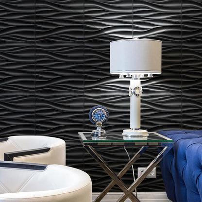 STICKGOO Black 3D Wall Panels, Wave Design Textured PVC Wall Panels, 19.7''x19.7'' Modern Accent Wall Panels for Interior Wall Decor Bedroom Office Living Room