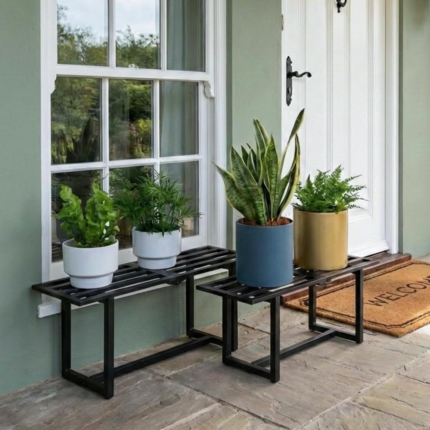 Rioneta 2-Pack Elegant Mid-Century Modern Metal Tiered Plant Stand Robust 330 lbs Capacity Versatile Indoor Outdoor Display for Living Room, Patio & Balcony Black