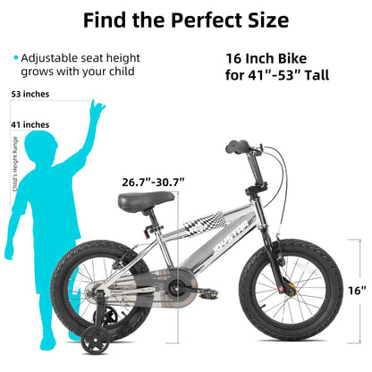 JOYSTAR 16 Inch Kids Bike for 4-7 Years Boys Girls, High-Carbon Steel Frame Toddler Bicycle with Training Wheels and Front/Rear Brakes Silver