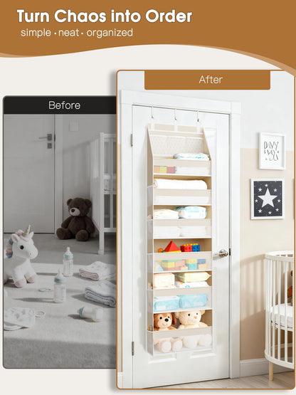 Criusia Over the Door Organizer, 6-Shelf Closet Hanging Storage with 13 Mesh Pockets, 55lbs Capacity Behind the Door Storage for Baby Nursery, Bathroom, Bedroom, and Dorm, Beige