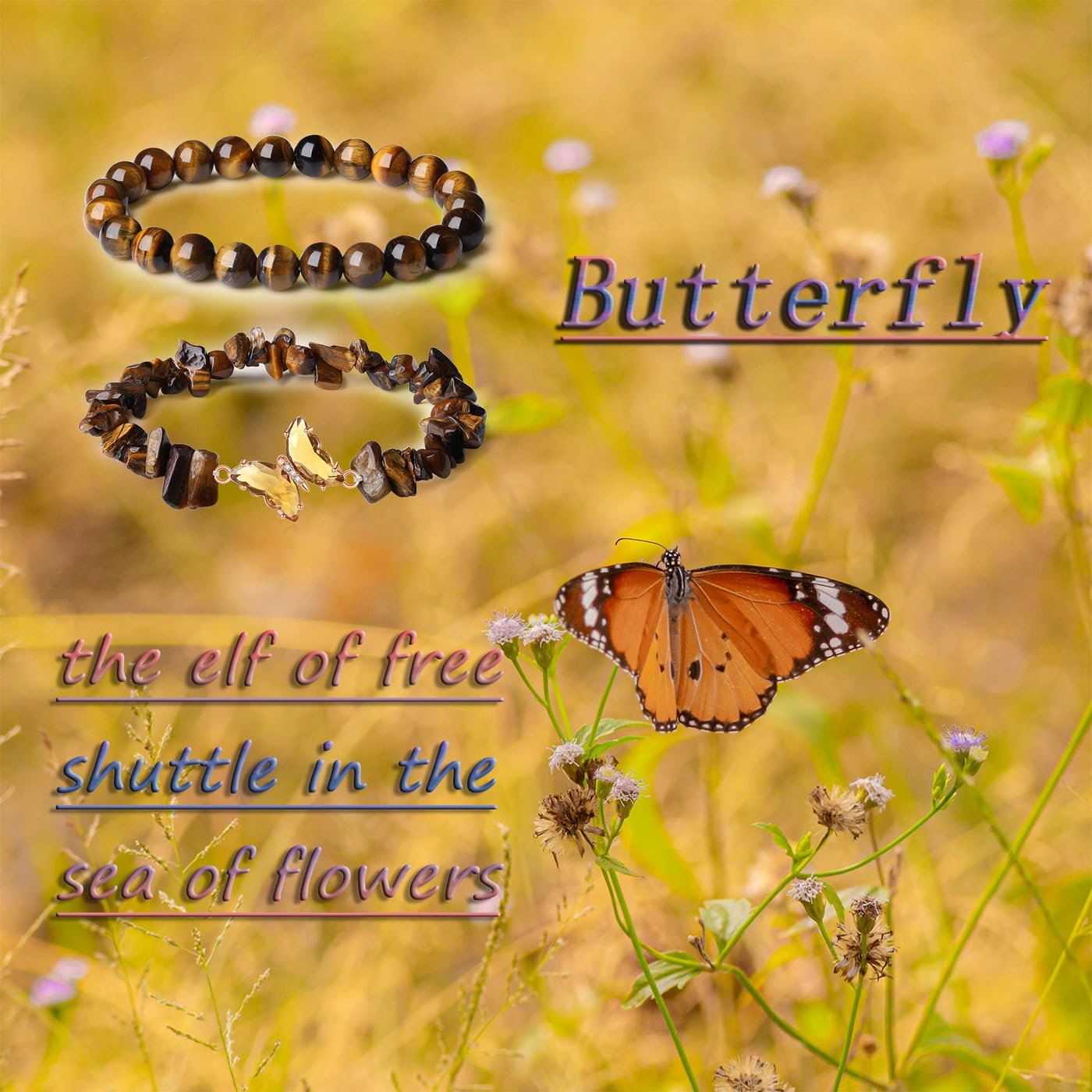 DUQGUHO 2Pcs Butterfly Bracelets for Women, Tigers Eye Bracelets, Healing Crystal Bracelet, Natural Tiger Eye Crystal Jewelry, 8mm Brown Beaded Bracelet, Gifts for Women