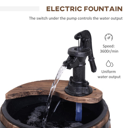 Outsunny 23" H Outdoor Water Fountain Wood and Plastic Rustic Apple Barrel Pump Garden Decor for Outside Backyard