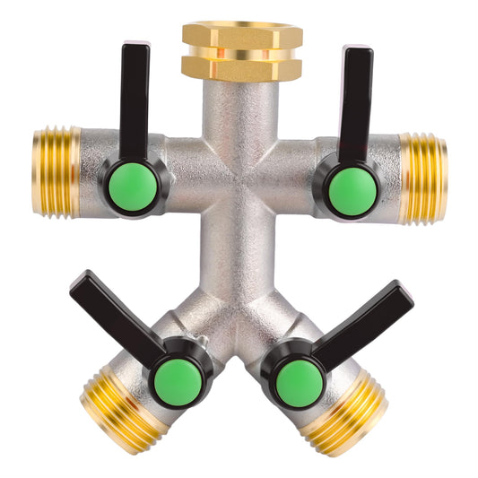 EJW Hose Splitter 4 Way, Garden Hose Splitters, 4 Way Faucet Splitter, Water Spigot Splitter, RV Brass Hose Splitter,Heavy Duty Garden Hose Splitter, Hose Valve 3/4 Inch GHT Thread.