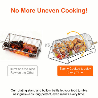 2-in-1 Rotatable Rolling Grill Basket, 304 Stainless Steel, with Removable Wooden Dual Handles & Rotating Stand, BBQ Accessories Tools for Vegetables Shrimp, Gifts for Birthday/Men/Dad/Husband