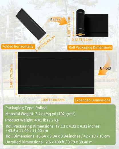 Pterying 2.6ftx100ft Weed Barrier Landscape Fabric Heavy Duty, Premium Garden Geotextile Fabric Weed Blocker for Driveway Mats Erosion Control, Weed Control Garden Cloth Ground Cover