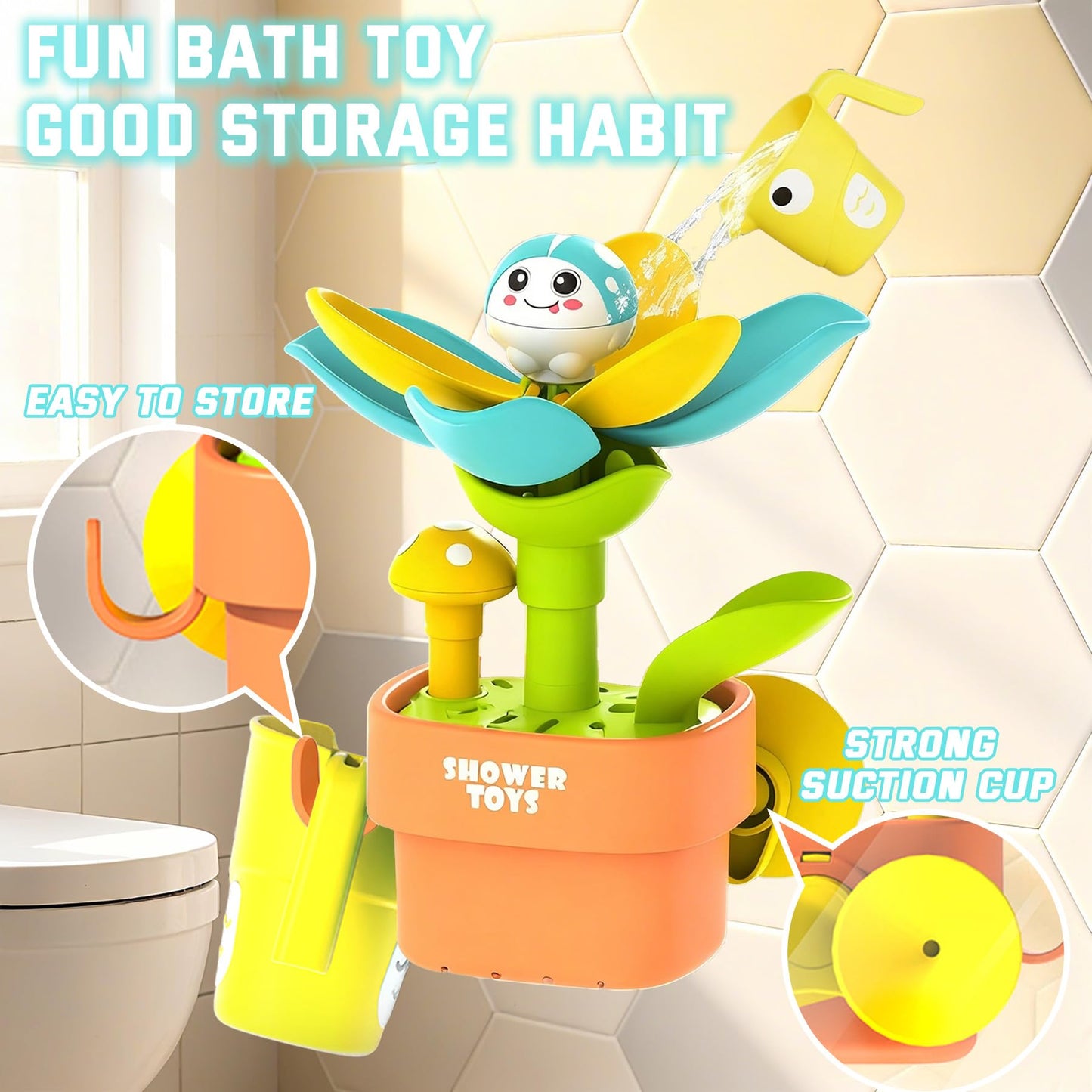 TXTLDB 2-in-1 Bath Toys for Toddlers 1-3, Magic Watering Can with Blooming Flowers & Suction Cup Spinning Duck Toys Set, Interactive Sensory Bathtub Game for Boys Girls 18M+, BPA-Free ABS Plastic