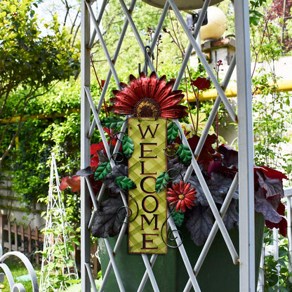 E-view Metal Welcome Sign Rustic Wall Hanging Plaque - Decorative Welcome Flower Signs for Porch Front Door Farmhouse Home Decoration Garden Themed Wreath Ornament (Red)