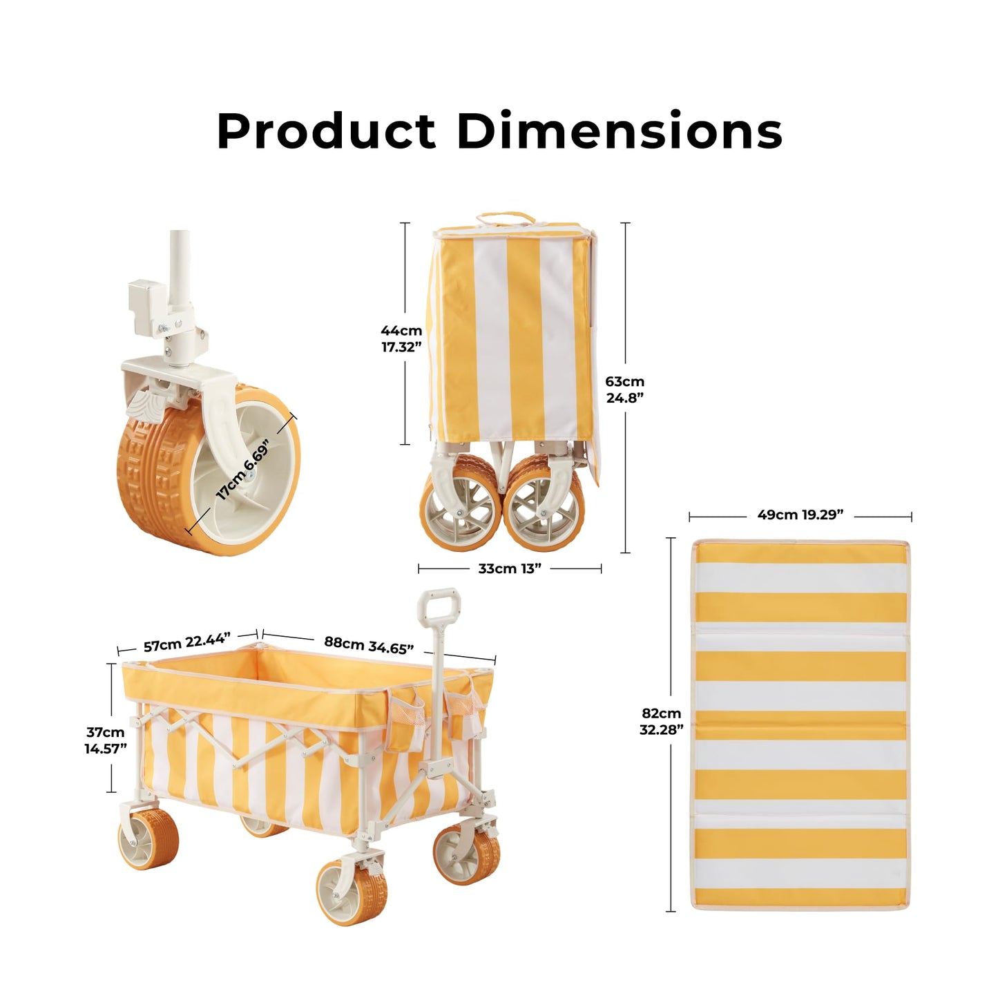 DEER LAND Beach Wagon for Sand with 6.7" Fat Tires, Foldable Beach Cart for Beach & Camping, Large Capacity Easy-Pull Wagon, Cala Serena Ochre Stripe