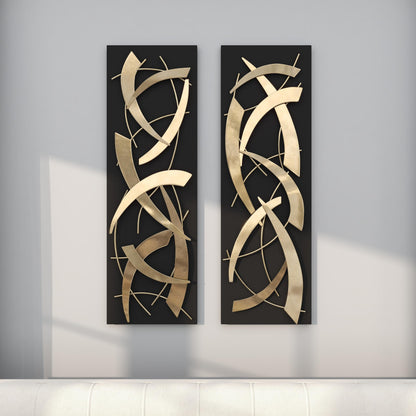 Deco 79 Metal Abstract Home Wall Decor Dimensional Wall Sculpture with Black Wood Backing, Set of 2 Wall Art 12"W, 36"H, Gold