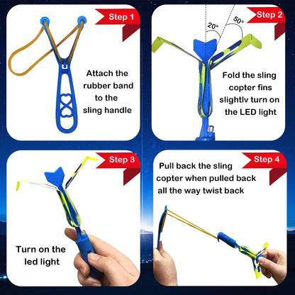 JX 24 Pack Rocket Slingshot Flying Toys with Led Lights,24Pcs LED Arrow Helicopters + 24Pcs Launchers,Summer Outdoor Game LED Slingshot Toy for Kids, Glow in The Dark Kids Party Supplies