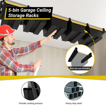 Eastrexon 5-bin Overhead Garage Storage Rack, Heavy Duty Ceiling Storage Racks, Powder Coated Tote Storage Rack for Garages, Sheds, Storerooms (6 PCS, for 5 Bins)
