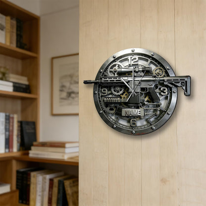 Personalized 2D Flat Printing Gun Wall Clock, Custom Name Tactical Gun Clocks Wall Decor for Bedroom Living Room Man Cave, Fathers Day Birthday Gifts for Dad Husband Grandpa Military Lovers (Style 12)