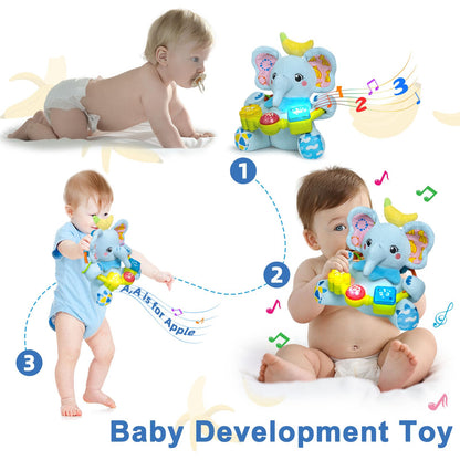 Baby Elephant Musical Stuffed Animals Toy with Light-Up Music & Crinkle,Infant Bilingual Early Learning Education Toys,1st Easter Basket Shower Stuffers for 0-3-6-12+ Months Boy Girl Gifts,Blue