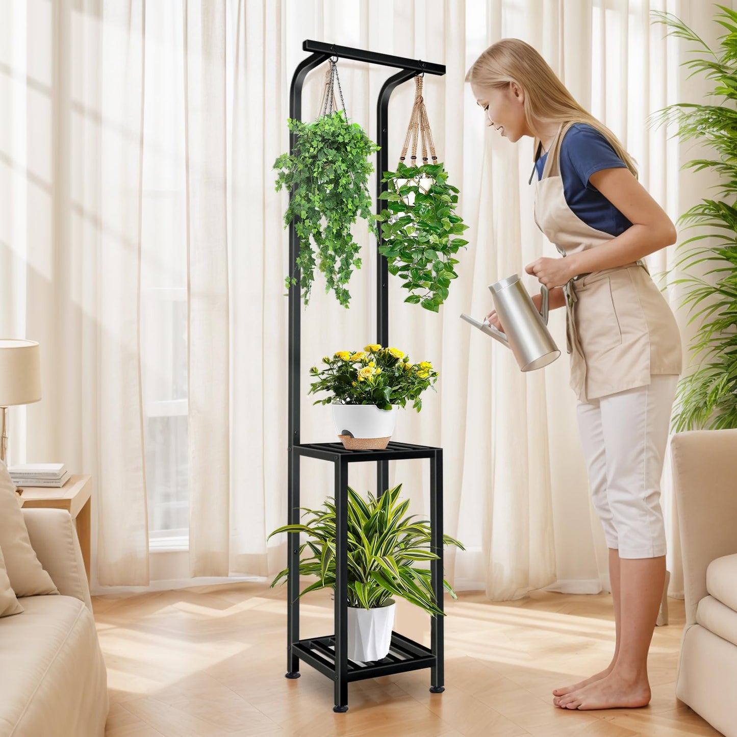 LLAXERGU Plant Stand Indoor Outdoor, 65" Tall Plant Stand Outdoor 3 Tiered Hanging Plant Shelf Heavy Duty Flower Stand Multiple Plant Metal Display Rack for Living Room Garden Balcony