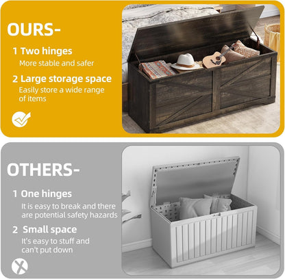 DWVO Wooden Storage Bench, Farmhouse Storage Chest with Safety Hinges, Entryway Shoe Organizer, Multi-Use Storage for Living Room/Bedroom, 47.2" L, Dark Rustic Oak