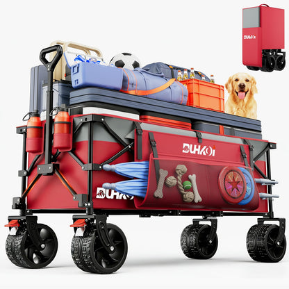 49" L Collapsible Extended Wagon with 500lbs Weight Capacity,300L Heavy Duty Sports Wagon,Big All-Terrian Wheels with Cup Holders,Cart for Sports,Grocery,Shopping,(Rosepink)