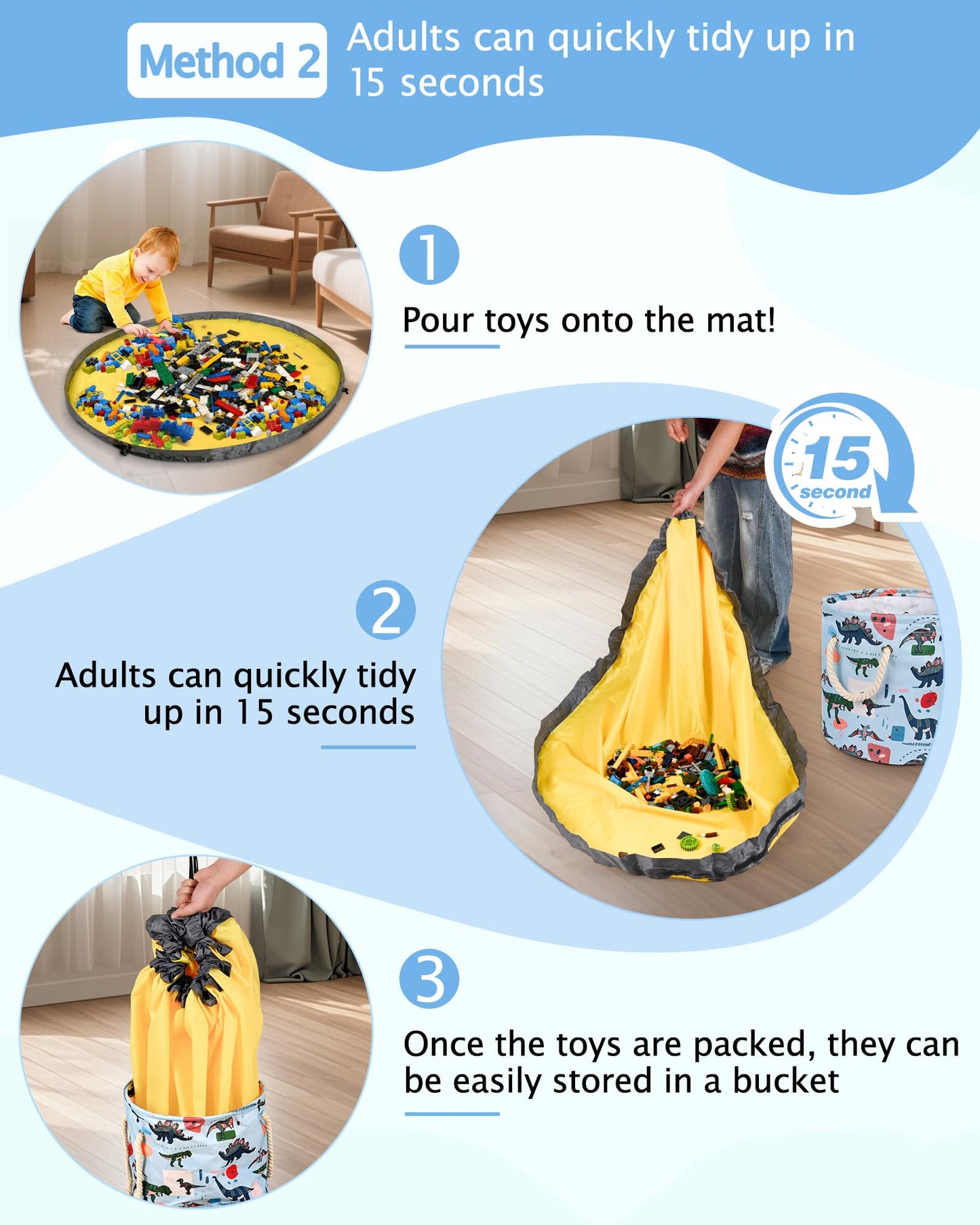 Toy Storage Organizer, Foldable Bag with 60" Play Mat for Kid, Playroom Basket Bin with Lid for Building Scattered Blocks, Thin Toy Mats Are Perfect for Homes with Carpets, Blue Dinosaur