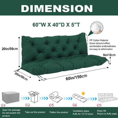 HZODJBH Waterproof Porch Swing Cushion Replacement, Thick 2–3 Seat Swing Seat Cushion with Backrest & Ties, Outdoor Bench Cushion for Patio Garden Porch Furniture (Dark Green, 60 x 40in)