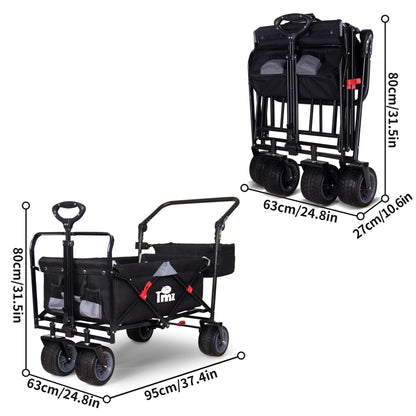 TMZ All Terrain Utility Folding Wagon, Collapsible Garden Cart, Heavy Duty Beach Wagon, for Shopping, Camping, and Outdoor Activities with Push Handle and Brake (Black/Grey)