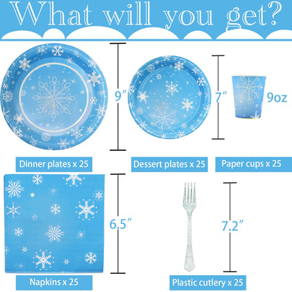 Decodinli Christmas Snowflake Party Supplies Serves 25, Frozen Birthday Party Decorations, Winter Snowflake themed Disposable Plates and Napkins Set, Winter Wonderland Holiday Party Tableware Set