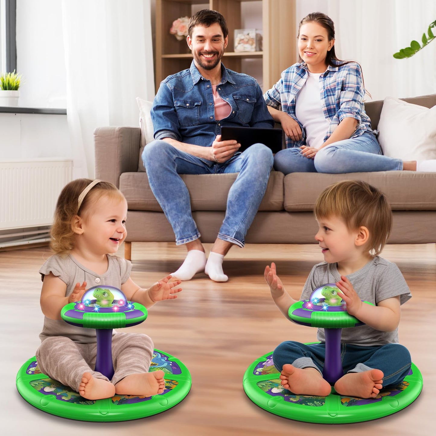 Flooyes Dinosaur Sit and Spin Toys for Toddlers Boys 1 2 3 Years Old, Birthday Gift for Boys Age 2-4 with LED Lights and Music, 360° Spin