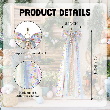 NUVCELKA Easter Door Bow with 8 Ribbons, 27.5" Spring Decoration Swag for Front Door Wreath Wall, Farmhouse Bow Decor with Pom-Poms for Home Holiday
