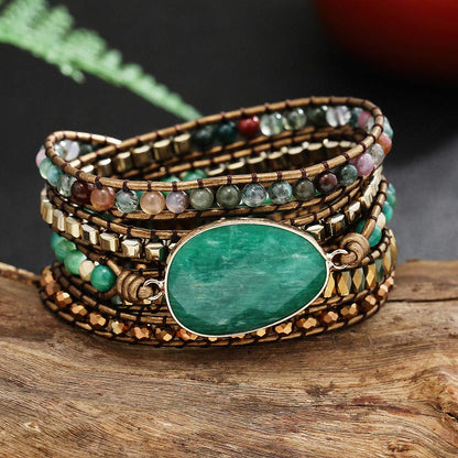Plumiss Boho Handmade Green Aventurine Stone 5 Wrap Bracelets Natural Stone Beaded Multiple Strand Bracelet Jewelry