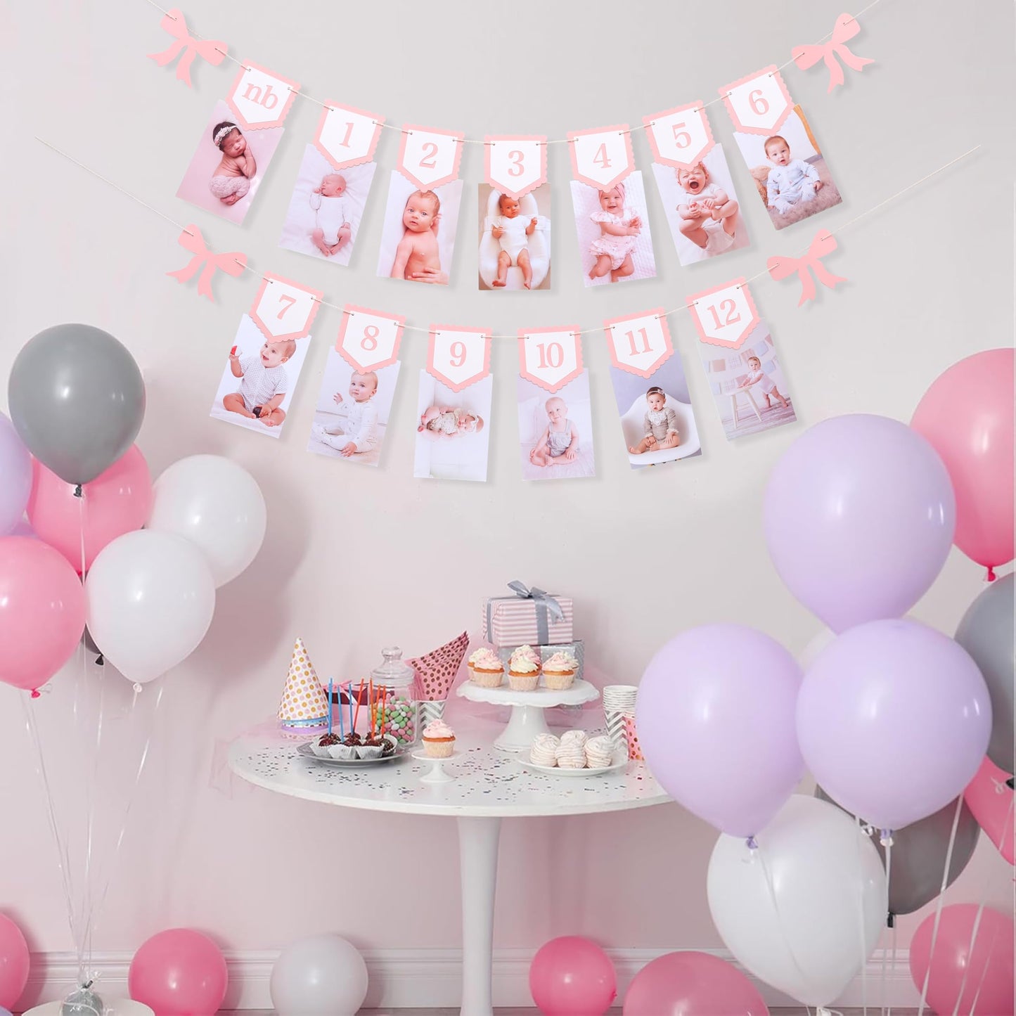 Pink Bow Monthly Milestones Photo Banner - Baby Girls Newborn to 12 Months Photo Display, 1st Birthday Photo Banner for Baby Girls, Bow 1st Birthday Decorations