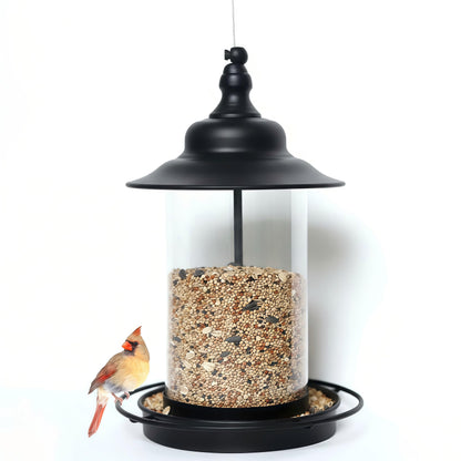 KiRuan Deco Bird Feeders for Outdoors,Hanging Bird Feeder with Locking Lid, Metal Birdfeeder with 17.5cm Weatherproof Large Roof&Tray,3 Feeding Perches,Chew-Proof, Black,1 Pack