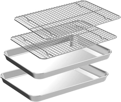 Quarter Sheet Pan with Cooling Rack Set [2 Baking Sheets + 2 Baking Racks], CEKEE Stainless Steel Cookie Sheets for Baking and Wire Rack - Rust & Warp Resistant & Nonstick, Size 12 x 9.8 x 1 Inch