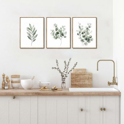 Sage Green Botanical Canvas Wall Art Poster Set of 3, Eucalyptus Leaf Pictures Wall Decor Paintings, Minimalist Plant Prints Aesthetic Home Decor for Living Room Bedroom Bathroom 12x16 inch Unframed