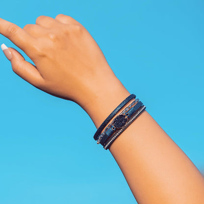 FANCY SHINY Boho Leather Wrap Bracelet Stackable Chunky Crystal Cuff Bracelets with Magnetic Clasp Cowboy Cowgirl Western Summer Beach Outfits Jewelry Gifts for Women (7.7", Navy Blue)