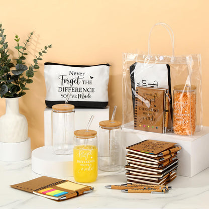 Yeyeplum 60 Pcs Employee Appreciation Gifts Bulk Inspirational Glass Cup Makeup Bag Bamboo Pen Motivational Notebook and Bag for Volunteer Lab Week Teachers Nurses Office Staff (Never Forget)